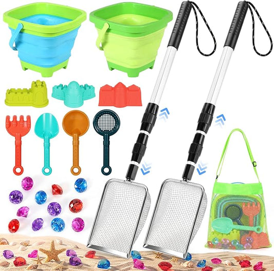 Beach Sand Toys Set with 2 PCS Adjustable Sand Sifter, Collapsible Beach Bucket,Sandbox Shovels,Sand Castle Kit,Diving Gem,Seashell Bags,Sand Sifter Shell Scooper Beach Essentials for kids 3-12