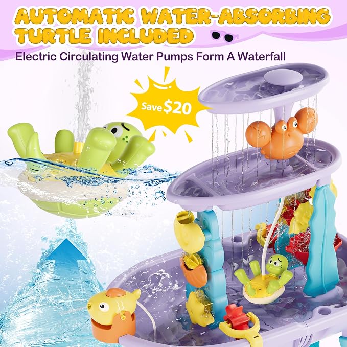 3-Tier Outdoor Water Sand Play Table Beach Toys, Summer Splash Activity Sensory Table Party Birthday Gift for Kids 3 4 5 6 7(Purple)