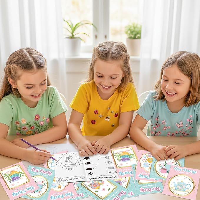 Tea Party Activity Books for Kids - 48Pcs Tea Time Themed Mini Game Coloring Booklet Bulk Maze Word Scramble Word Search Coloring Books for Birthday DIY Party Favor Goodies Bag Filler Classroom Reward