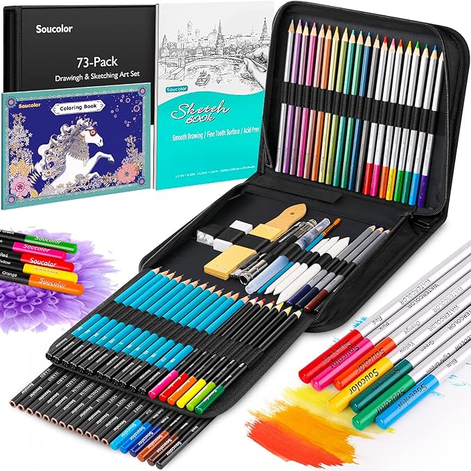 Soucolor 73 Pack Art Supplies Sketching Kit for Adults Artist Gifts, School Supplies, Drawing Sketching Pencils with Sketchbook, Coloring Book, Colored Watercolor Metallic Graphite Charcoal Pencils