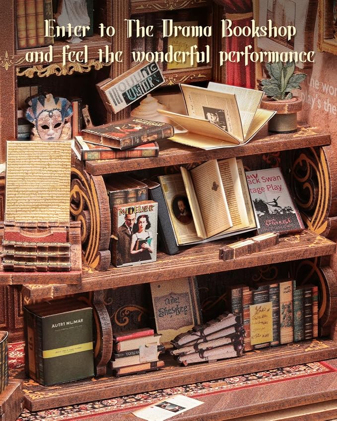 Cutefun Book Nook Kit - DIY Miniature Dollhouse Booknook Kit for Adults and Teens, 3D Wooden Puzzle Bookshelf Insert Decor with LED Light, Gifts for Family and Friends (The Drama Bookshop)