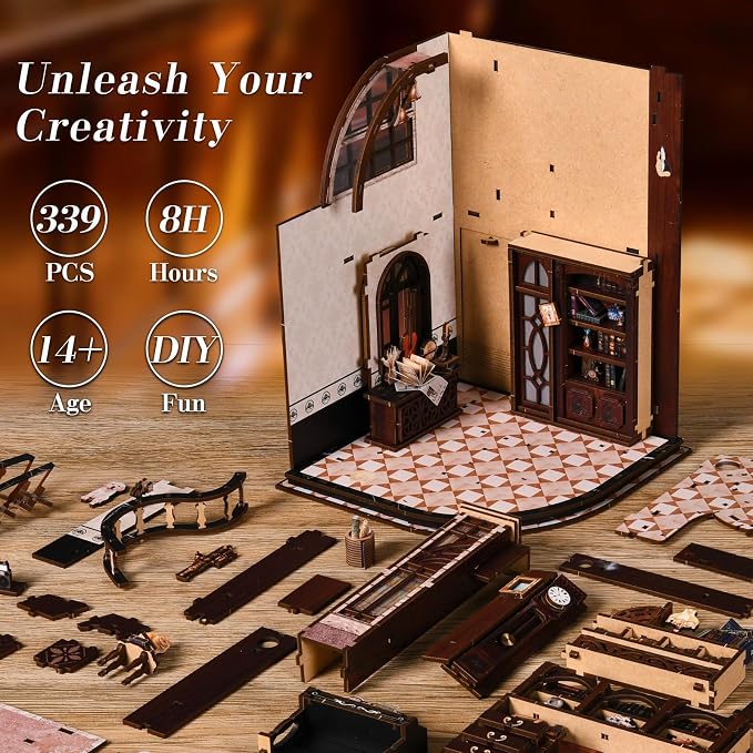 DIY Miniature House Kit, 3D Wooden Puzzle for Adults, Book Nook Kit with Touch LED Light, Library Bookshelf Insert, Creative Hobby Craft Gift for Bibliophiles (Bacchus Bookstore)