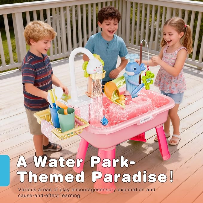 2026 Upgraded Water Table for Toddlers 1-3, Kids Play Sink with Running Water, Toddler Kitchen Sink Toy with Pump, Fishing Game & Sensory Water Play Toys for Boys Girls (Pink)