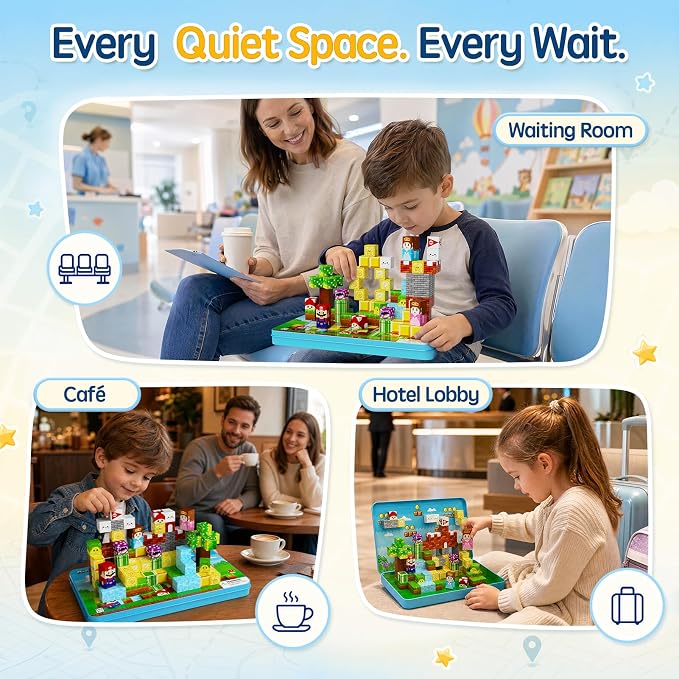 Magnetic Blocks for Kids Travel: 100PCS Portable Tin & Tiles - Adventure Figures 40-50dB Quiet 60-Min Play - Compact Car Plane Activities Ages 3-8