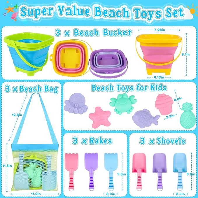 Collapsible Beach Toys for Kids, 3 Pack Foldable Sand Buckets and Shovels Set with Mesh Bag, Silicone Pails Shovels Molds, Sandbox Travel Sand Toys for Beach Essentials for Toddlers Kids Age 3-10