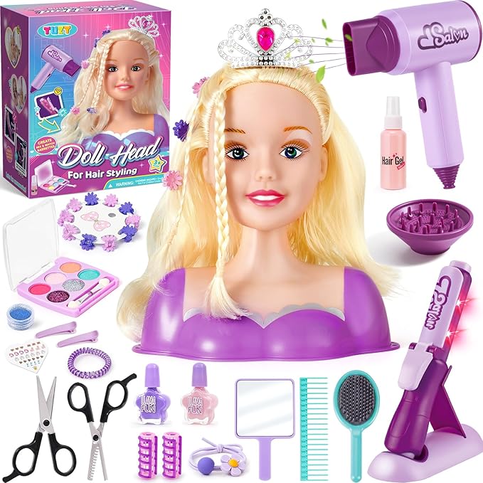 TUZT Doll Head for Hair Styling Kids, Hair Salon Toys & Real Makeup Nail Polish, Kid Beauty Hair Stylist with Hairdryer Curling Iron, Birthday Gift for Girl 3 4 5 6 7 8 9 10 Year Old