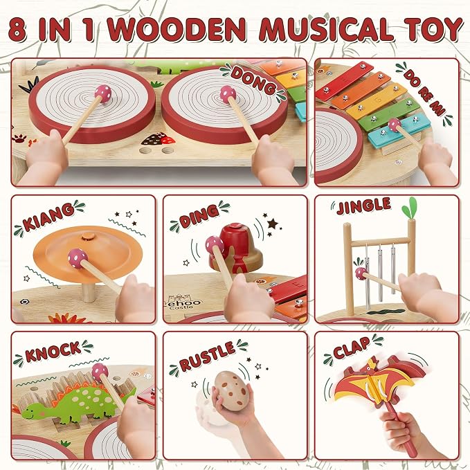 Lehoo Castle Baby Drum Set, Wooden Musical Instruments, Montessori Toys for Toddlers, Percussion Set with Xylophone Maracas Egg Shaker Drum Sticks, Preschool Christmas Birthday Gift
