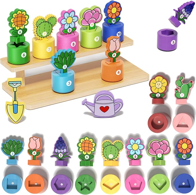 GJZZ Montessori Shape and Color Sorting Toys, Wooden Flower Garden Set | Learning, Number Cognition, Fine Motor Skills, Birthday Gifts, Pretend Play for 2 Year Old Girl