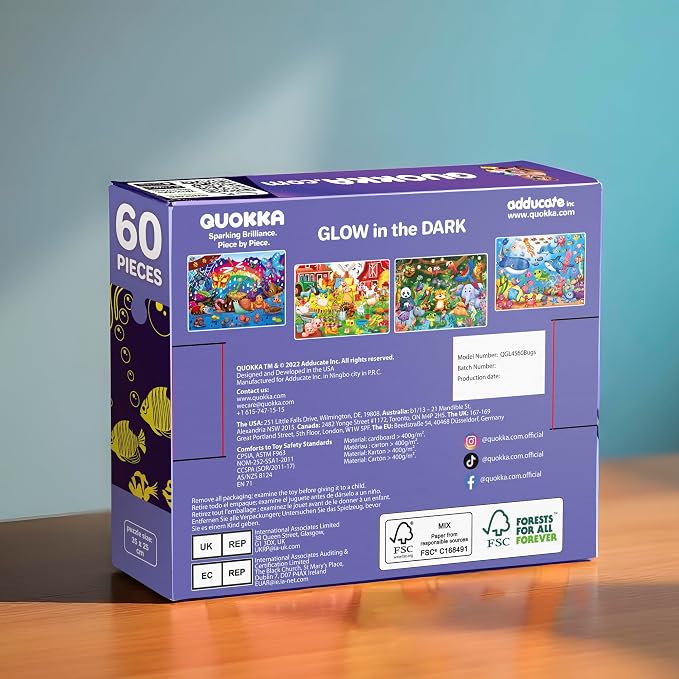 QUOKKA 4x60 Piece Puzzles for Kids Ages 4-6 – Glow-in-The-Dark Puzzles for Kids 4-8 I Farm Bugs Tropical & Ocean Animals I Fun Educational Toddler Puzzle for Boys & Girls – Educational Game Toys Gift