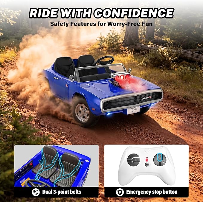 Licensed 1970 Dodge Charger 24V Ride on Toys for Big Kids, 2 Seater Ride on Car with Parent Remote Control, Dual 120W Motors, Bluetooth Music, LED Lights, Hood Supercharger with Mist, 5 MPH