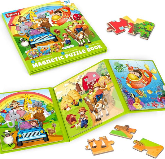 SYNARRY Magnetic Puzzles for Kids Ages 3-5, 20 Pieces Toddler Animal Puzzles for Kids Ages 4-6, Easter Basket Stuffers Gifts for Kids, Car Airplane Road Trip Activities Magnet Games Toy for Boys Girls