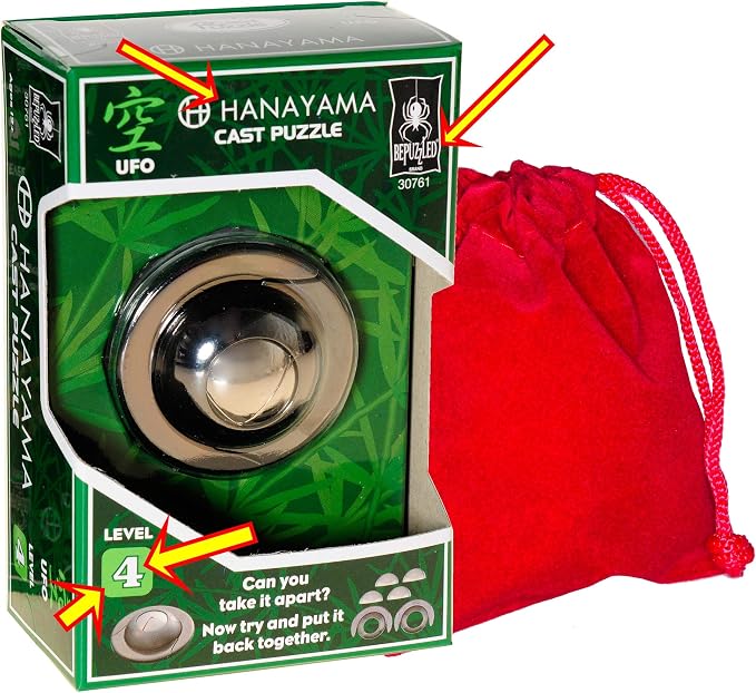 UFO Hanayama Brain Teaser Puzzle, New 2019 Release, Level 4 Difficulty Rating, RED Velveteen Drawstring Pouch, Bundled