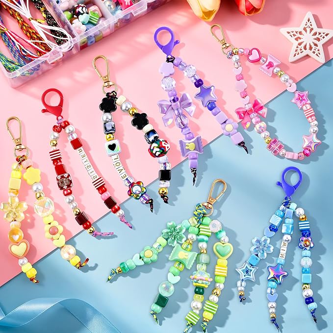TOHONGADON 1227 PCS Beaded Keychain Making Kit for Women, DIY Bag Charm Kits, with Assorted Acrylic Star Heart Flower Letter Beads, Colorful Bead Keychain Kit