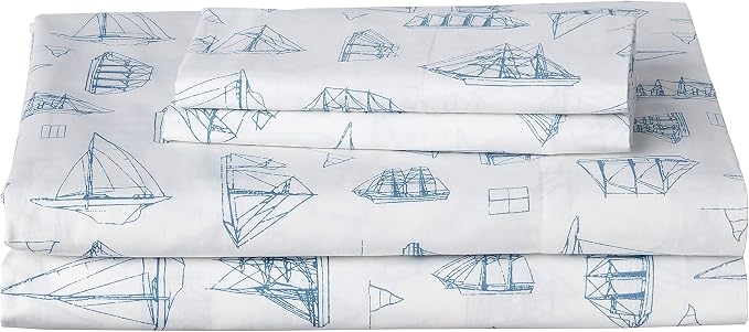 Nautica - Queen Sheets, Cotton Percale Bedding Set, Crisp & Cool, Coastal Home Decor (Whitewood Sail Blue, Queen)