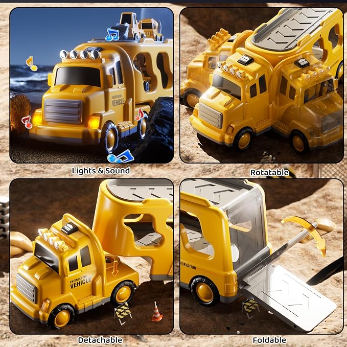 Construction Truck Toys Set for Kids Aged 1 2 3 4 5 6 7 8, Truck Playset with Toy Car, Light and Sound, Movable Parts Construction Toys for Toddlers, Birthday Gifts for Boys Girls 2-4 4-7