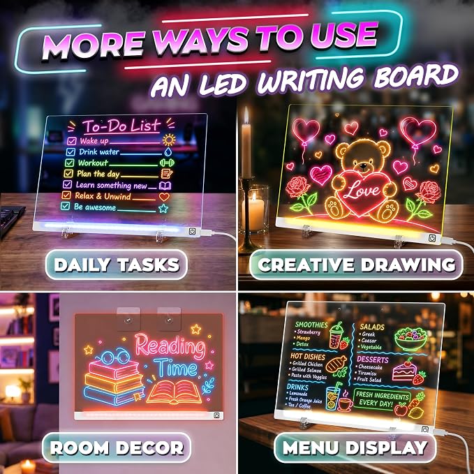 LED Drawing Board with USB-C Power – 16 Inch Acrylic Light Board for Tracing with Edge-Lit Color-Changing Glow, 7 LED Colors, 6 Light Modes – Plug-and-Play Kit with Markers, Stands, Gift Box (White)