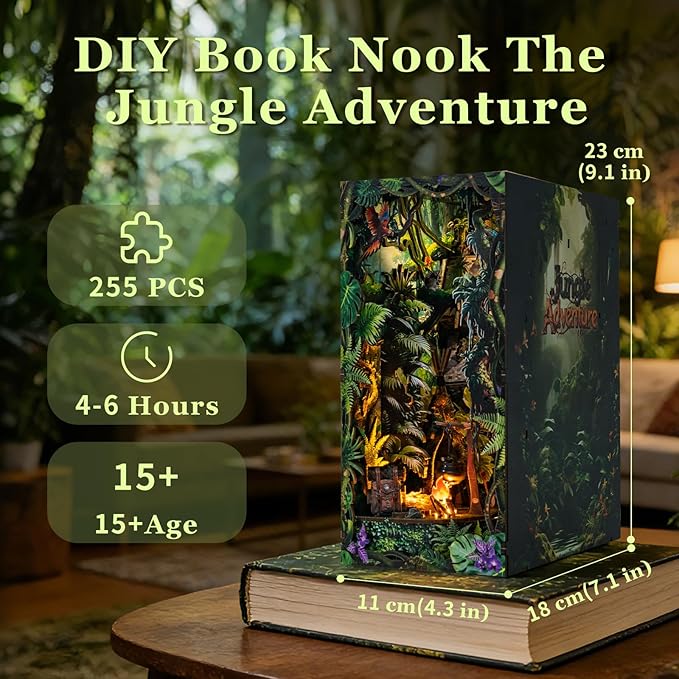 fifijoy Book Nook Kit - DIY Miniature House Dollhouse Kit for Adults and Teens, 3D Wooden Puzzle Bookend Tiny House Bookshelf Decor with LED Light, Gifts for Family and Friends (Jungle Adventure)