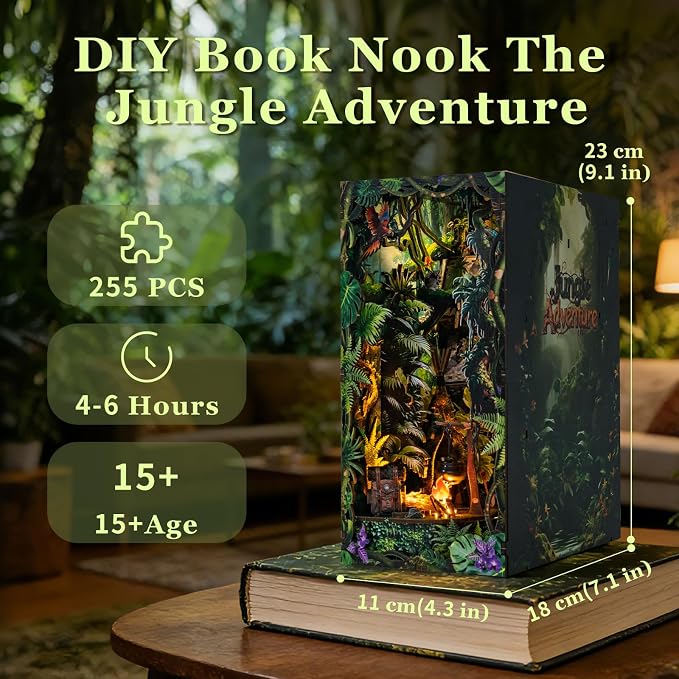 fifijoy Jungle Adventure Book Nook Kit - DIY Miniature Dollhouse Booknook for Adults, 3D Wooden Puzzle Bookend Bookshelf Decor with LED Light and Sound Effects, Creative Gift for Family, Friends