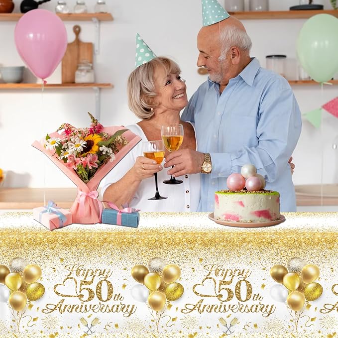 Happy 50th Anniversary Table Cloth,50 Year Anniversary Decorations 3Pcs White and Gold Tablecloth Waterproof Rectangular Table Cover for 50 Year Old Birthday Party Supply