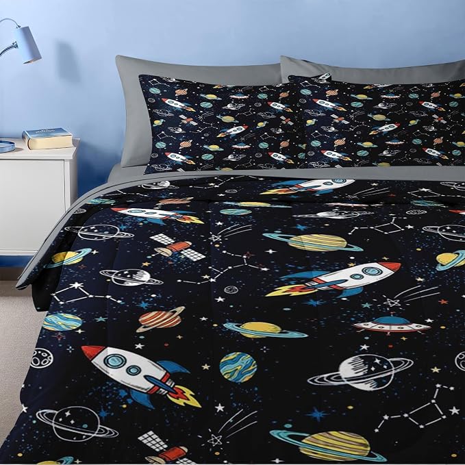 Nesker Comforter Set Full Size, Space Moon Universe 7 Pcs Bedding for Kids Teens, Rockets Planets Starswith Fitted Sheet 2 Pillowcases & 2 Shams for Bedroom Bed Decor