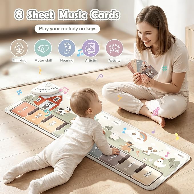 Floor Piano Mat, Music Mat with 45 Sounds & Music, Piano Mat with 9 Piano Keys & 8 Animal Sounds, Record & Playback, Sensory Toys for Toddlers 1-3, Toddler Toys for Girls Boys Gift