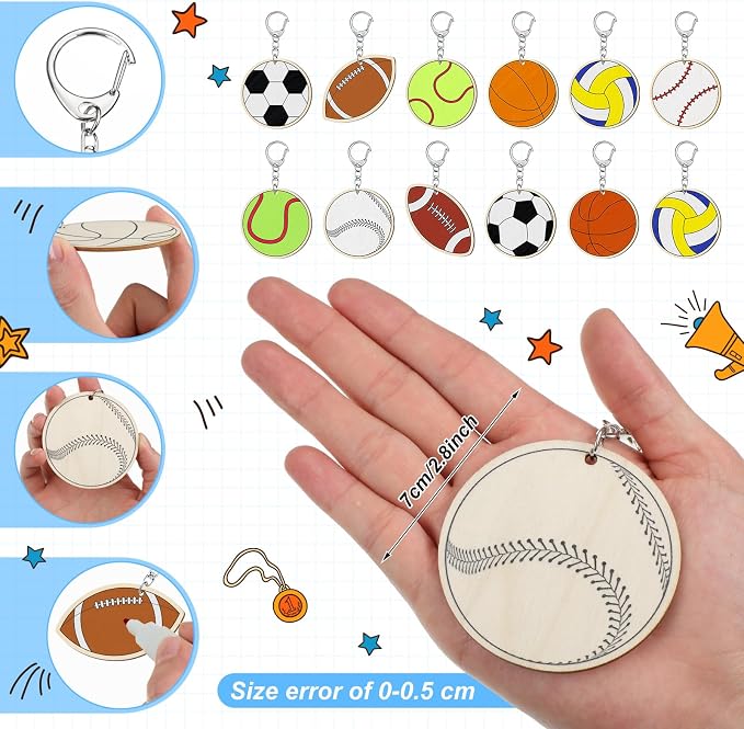 Trnayi 36 Pcs Color Your Own Sports Ball Keychains Crafts for Boys Girls Unfinished Wooden Football Basketball Soccer Crafts Blank Wood Painting DIY Crafts for Home Classroom Activities Project Decor