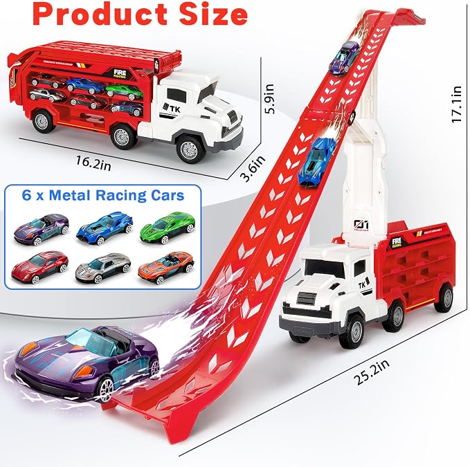 Bstoyder Kids Toys for 3 4 5 6 7 8 Years Old Boys, Carrier Truck Transport Car Toys, Foldable 2 Layer Car Race Track Playset with 25-in Race Track, 6 Metal Toy Cars, Birthday Toy Gift for Toddler-Red