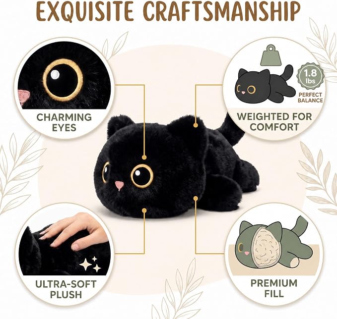 Weighted Cat Stuffed Animal, 16-Inch, 1.8 lbs Black Cat Plush, Cuddly Soft Plushie Pillow Gift for Kids & Adults