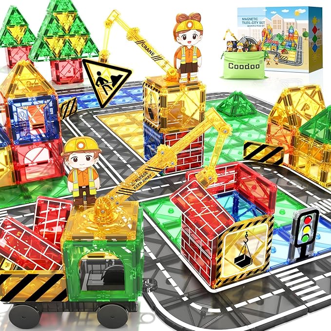 Coodoo Kids Games Magnetic Tiles Road Set with Extendable Magnetic Crane, City Construction Building Toys for Toddlers STEM Preschool Ages 4-6 5-7, Gifts for 3+ Year Old Boys Girls Kids Toys with Car