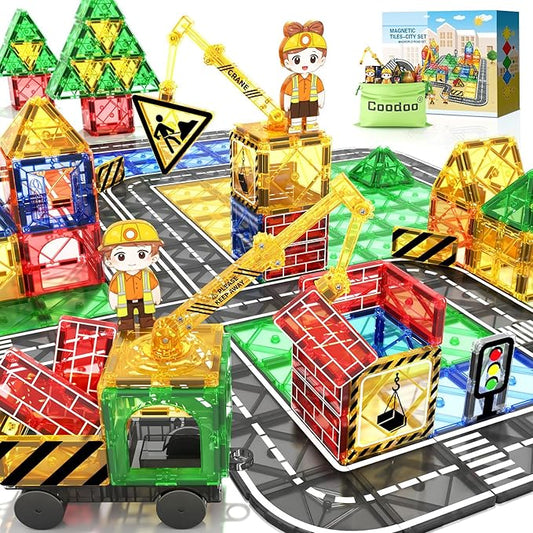 Coodoo Kids Games Magnetic Tiles Road Set with Extendable Magnetic Crane, City Construction Building Toys for Toddlers STEM Preschool Ages 4-6 5-7, Gifts for 3+ Year Old Boys Girls Kids Toys with Car