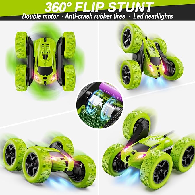 QUNREDA Remote Control Car for Kids Ages 6+, RC Cars Stunt Car Toy 4WD Double Sided 360° Rotating Remote Control with Headlights, Birthday Xmas Gifts for Boys 6 7 8 9 10 11 12 Green