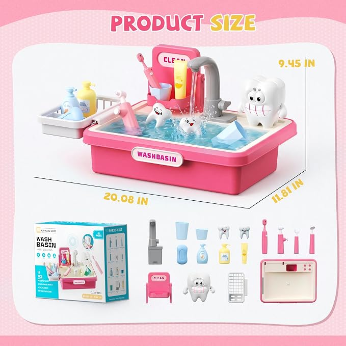 Play Sink with Running Water, Toy Sink Auto Water Cycle System, Play Sink Toys for 2 3 4 Year Old Girls, Dentist Play Set with Oversize Teeth, Birthday Gifts for 2 3 4 5 Year Old, Practice Cleaning
