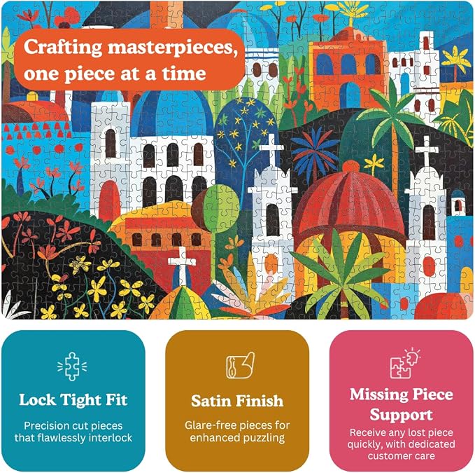 Cross & Glory - Vivid Vistas of Mexico - 1000 Piece Jigsaw Puzzle for Adults | Vibrant Folk Art Puzzle | Best New Mexican City Puzzle | Eco-Friendly & Challenging