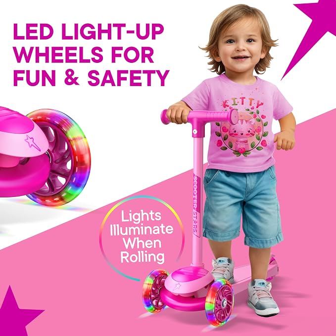 3 Wheel Scooter for Kids, Smooth Light Up LED Front Wheels, Wide Anti Slip Deck, Rear Foot Brake, Easy Lean to Steer Maneuvering, Indoor & Outdoor Ride On Toys for Ages 2 Up,