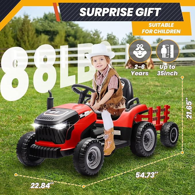 JOYRACER 24V Ride On Tractor for Kids, Ride on Toys w/400W Motors, Tiltable & Detachable Trailer, Adjustable Seat, Bluetooth, Music, Remote Control Electric Tractor Car for Kids, Red
