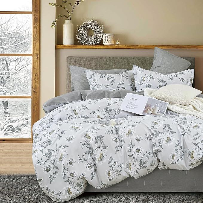 LEMIROE Floral Cotton Comforter Queen Size - Light Grey Comforter Printed with Vintage Ivory Flowers & Dark Yellow Stamens,Reversible Lightweight Bedding Sets 3Pcs(90"×90")