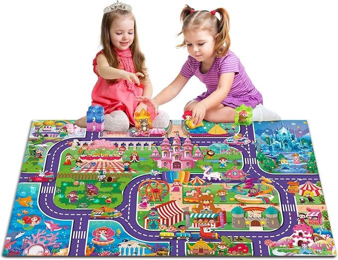 Oriate Kids Dream Mat Girls Toy Car Playmat, Princess Castle Girl Pink Kids Play mat, Parent-Kid Interaction Pretend Game for Playroom Bedroom Floor, Ideal Girl Toys Play and Learn