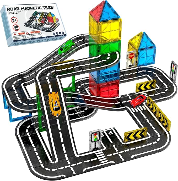 SKTMYY Magnetic Tiles Road Set with Cars & Ramp, STEM Magnetic Tiles for Kids Ages 4-8, Creative Magnet Building Blocks Expansion Pack, Montessori Toys for 4+ Years Old Boys Birthday Gifts