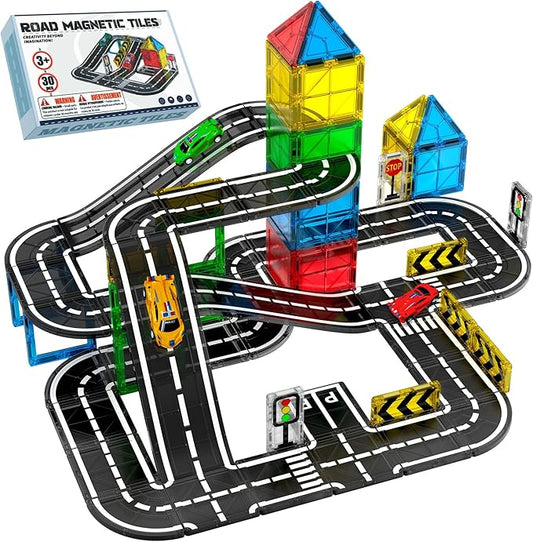 SKTMYY Magnetic Tiles Road Set with Cars & Ramp, STEM Magnetic Tiles for Kids Ages 4-8, Creative Magnet Building Blocks Expansion Pack, Montessori Toys for 4+ Years Old Boys Birthday Gifts