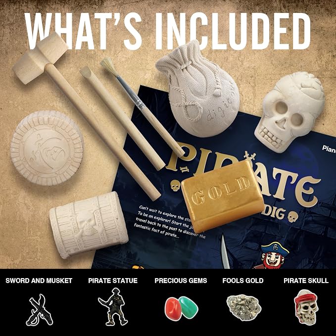 Pirate Treasure Dig Kit - 5-in-1 Skeleton Skull & Gold Brick Excavation Science Kit, Archaeology Stem Educational Toys with Gems, Pirate Statue, Coins, Toy Gift for Kids Boys Girls Age 6+
