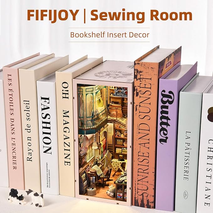 fifijoy Book Nook Kit - DIY Miniature House Dollhouse Kit for Adults and Teens, Booknook Tiny House Bookshelf Decor 3D Wooden Puzzle, Gifts for Family Friends (Sewing Room)