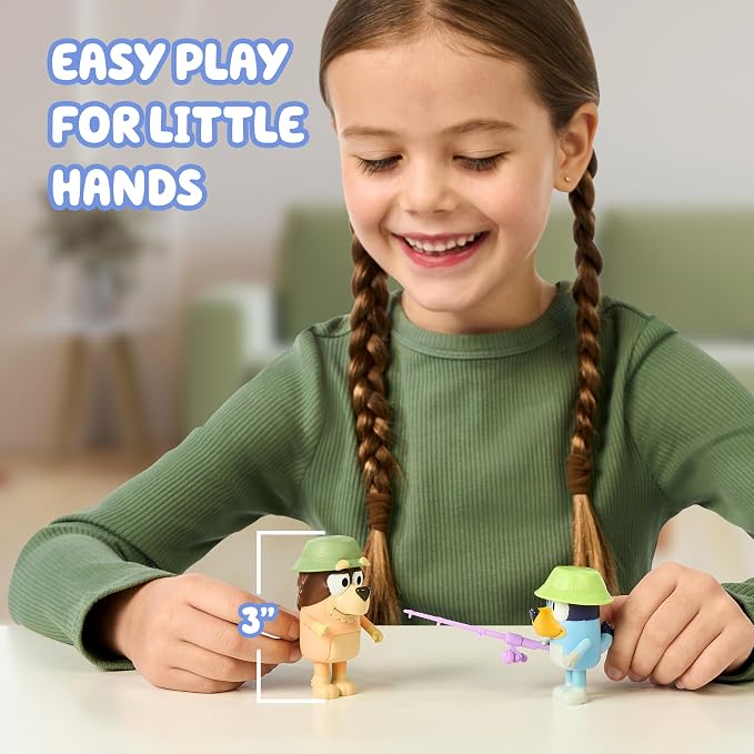 Bluey Fishing with Grandad Action Figure Set of 2, Character Toys with Grandad Figure and Fishing Rod Accessory, Small Action Figures for Kids Ages 3+