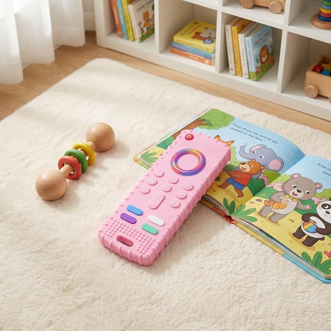 SOLIFEGOBLE Silicone TV Remote Teething Toy, BPA-Free Food Grade Teether for Babies 6-24 Months, Soft Chew Toy with Textured Buttons, Teething Relief & Sensory Play (Pink)