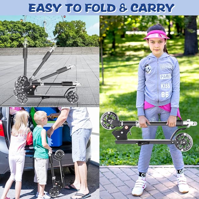 Scooter for Kids Ages 3-12 - Kids Kick Scooters with Led Light Up Wheels & 3 Levels Adjustable Handlebar, Lightweight Foldable 2 Wheel Girly Pink Scooter Christmas Birthday for Girls Boys.
