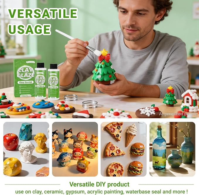 SEVENWELL 240ml Air Dry Clay Glaze, Gloss Clay Varnish Used for Preventing Clay from Surface Wear, Cracking, Scratches, Sealer for Air Dry Clay, Polymer Clay, ResinCrete, Pottery, Acrylic Paint