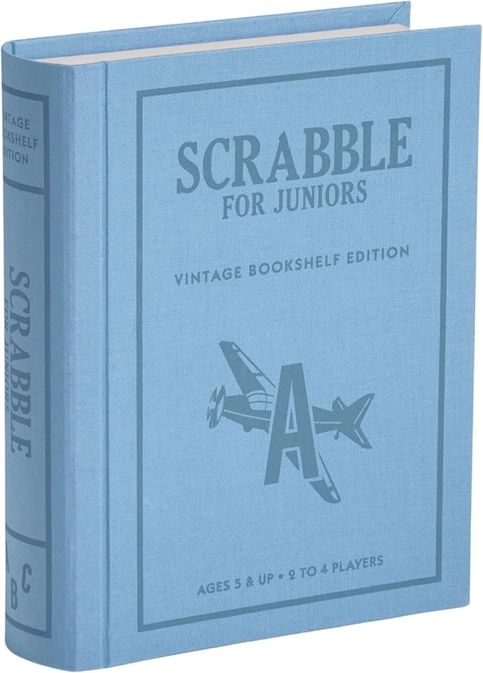 WS Game Company Scrabble for Juniors Vintage Bookshelf Edition: Linen Fabric-Wrapped Book Case — Educational Scrabble Jr. Board Game for Kids and Families (2-4 Players, Ages 5+)