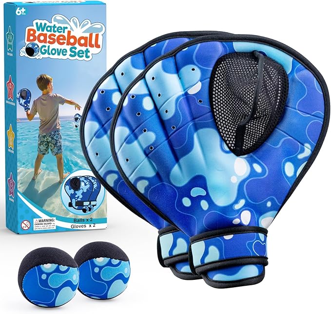 Ayeboovi Water Baseball Gloves Bouncing Ball Set for Pool Toys Lake Beach Games,2 Baseball Style Glove for Catch Skipping Ball, Birthday Gift for Boy Girl Kid Age 8-12 & Adult Teen, Blue