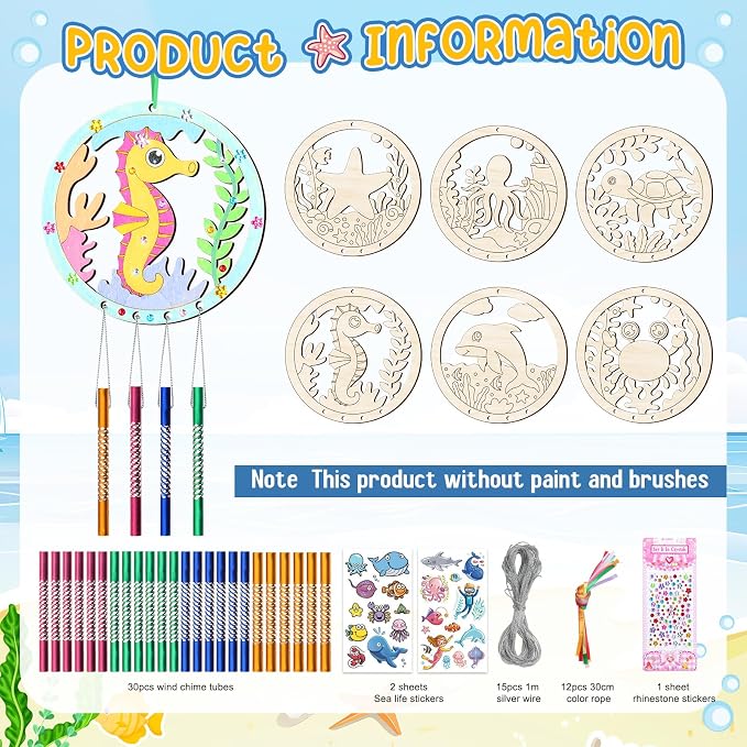 12Pack Wind Chime Kit for Kids Make Your Own Ocean Animals Wind Chime DIY Coloring Wood Crafts Summer Wooden Arts and Crafts Under Sea Ornaments for Boys Girls School Activities Party Decoration
