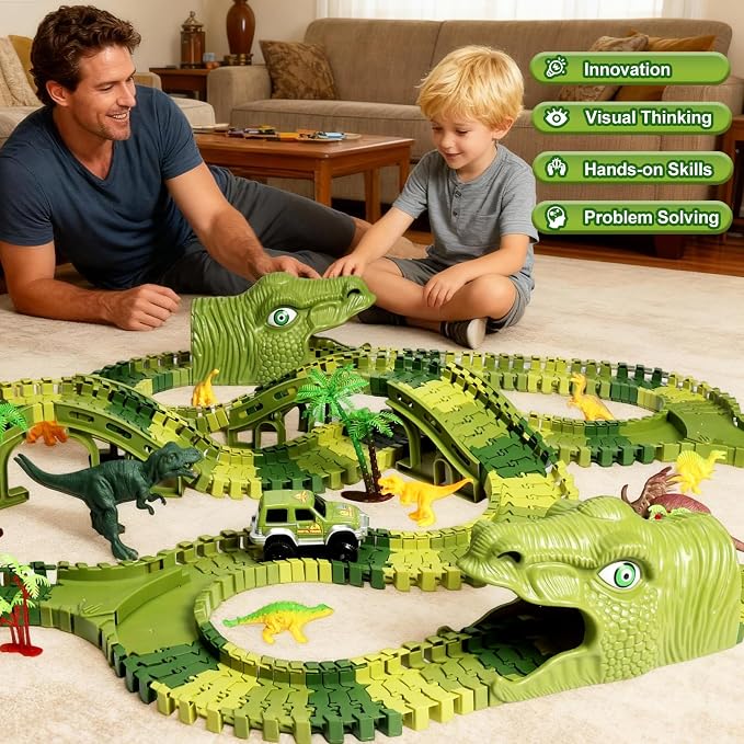 Dinosaur Track Toys, 266 PCS Dinosaur Toys for Kids 3-5 Create A Dinosaur World Road Race Tracks, 2 Dinosaur Cars Flexible Train Track Set, Birthday Gifts 3 4 5 6 7 Year Old Boys Girls
