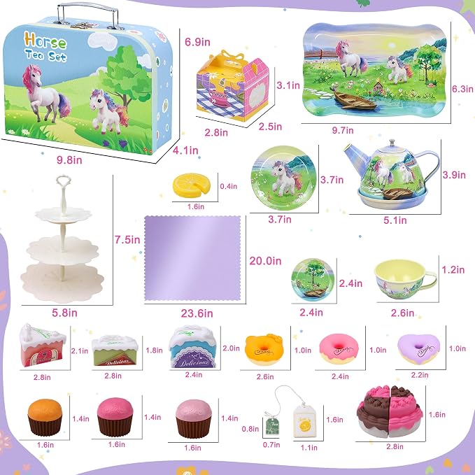 Tea Party Set for Toddlers 3-5, 50PCS Horse Tin Tea Sets for Little Girls with Metal Teapot, Cake Stand, Desserts & Carrying Case, Kids Kitchen Pretend Play Birthday Gift for Girls Age 3 4 5 6 7 8